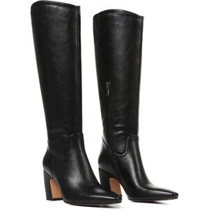 Womens Knee High Black Boots Square Toe Chunky Heel Wide Calf Tall Zipper Boots